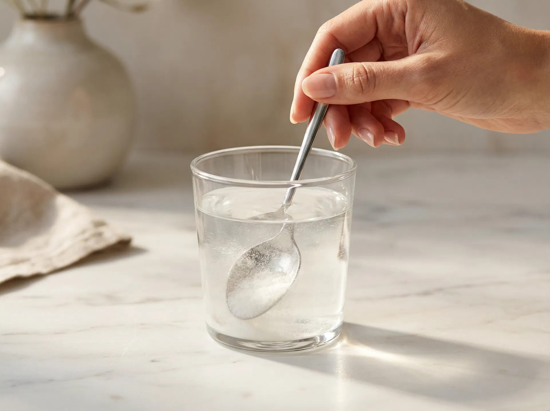 Woman stirring collagen supplement into water