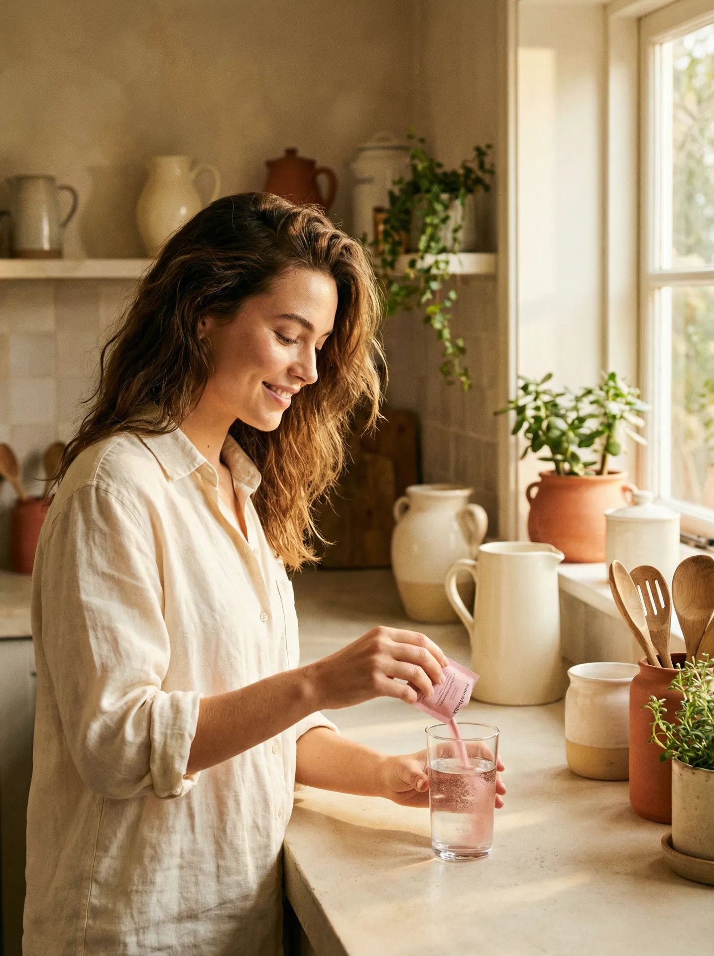Woman mixing a pink wellness drink sachet