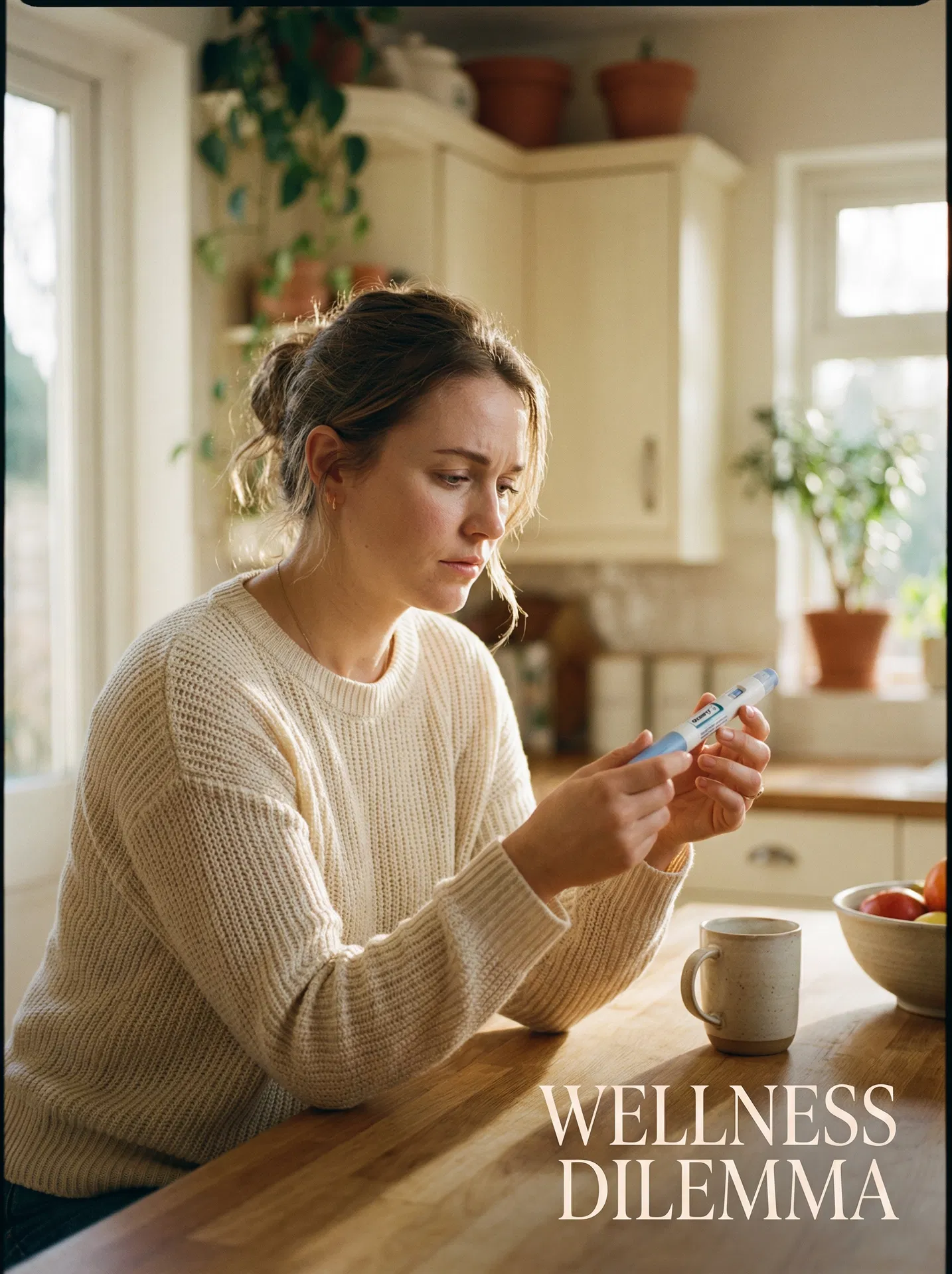 Woman considering a GLP-1 injection pen