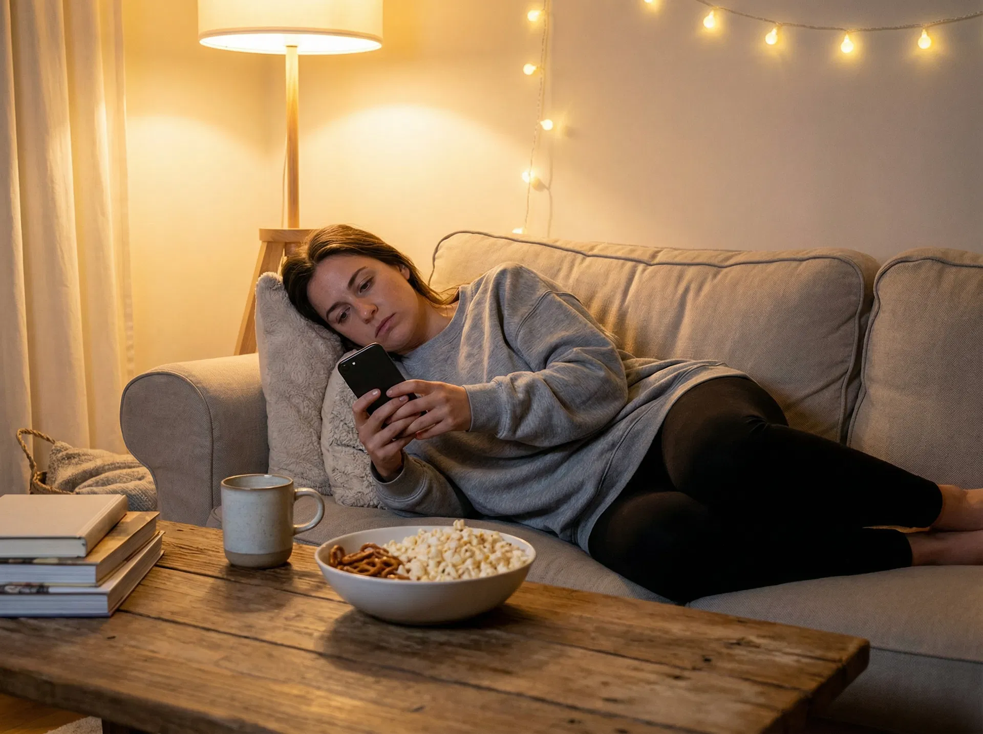 Woman doom scrolling on couch with snacks
