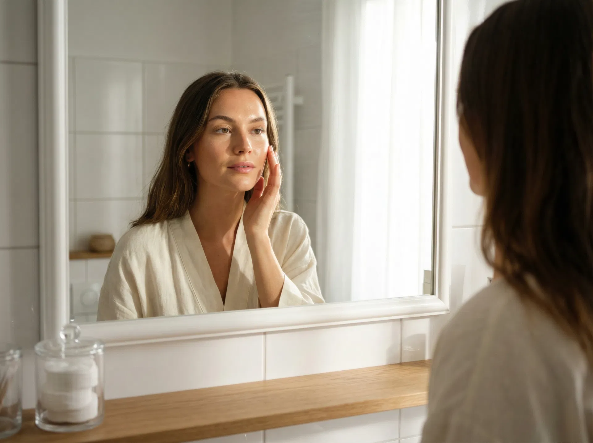 Woman with defined face looking in morning mirror