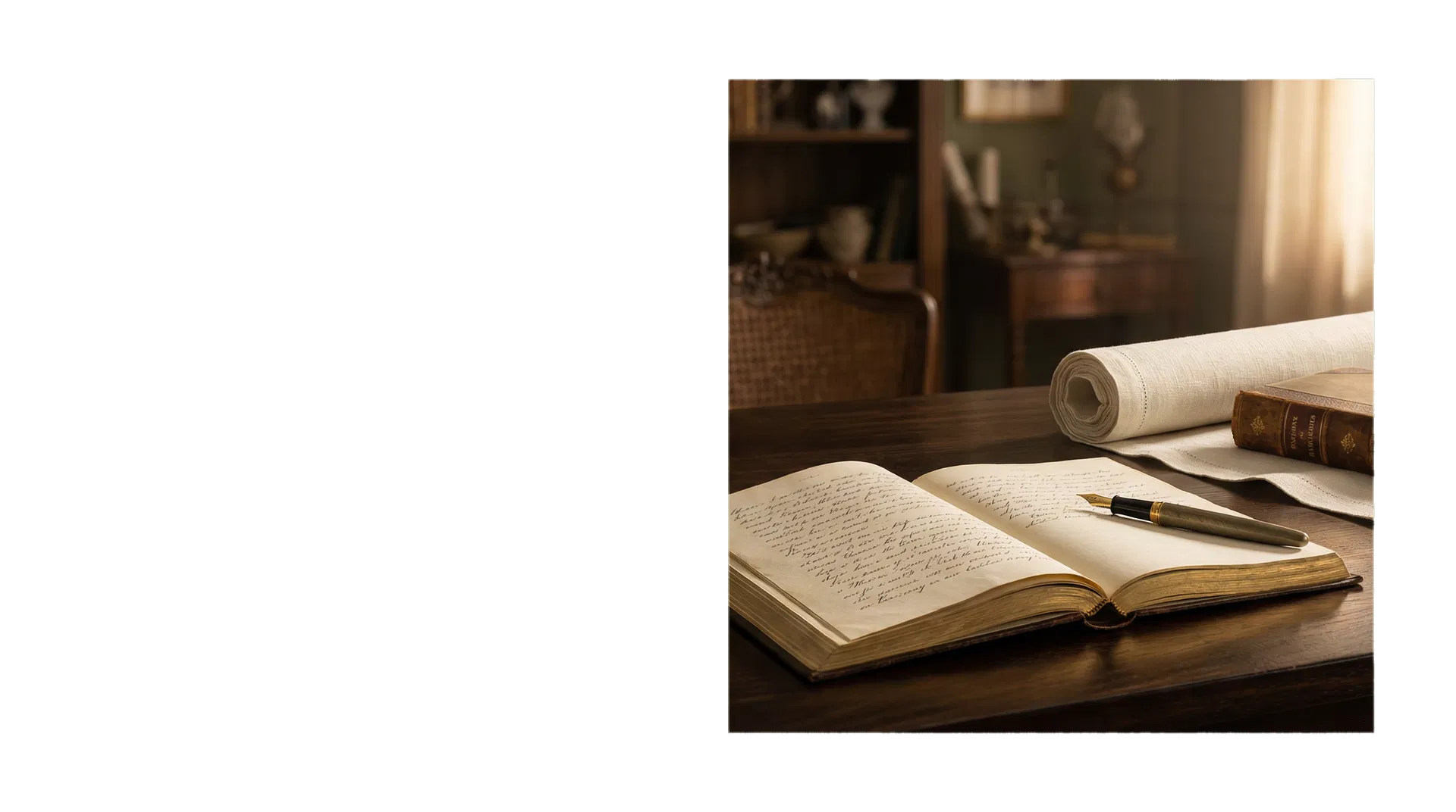 Ambiente editorial premium com manuscrito, iluminação cinematográfica e atmosfera de legado