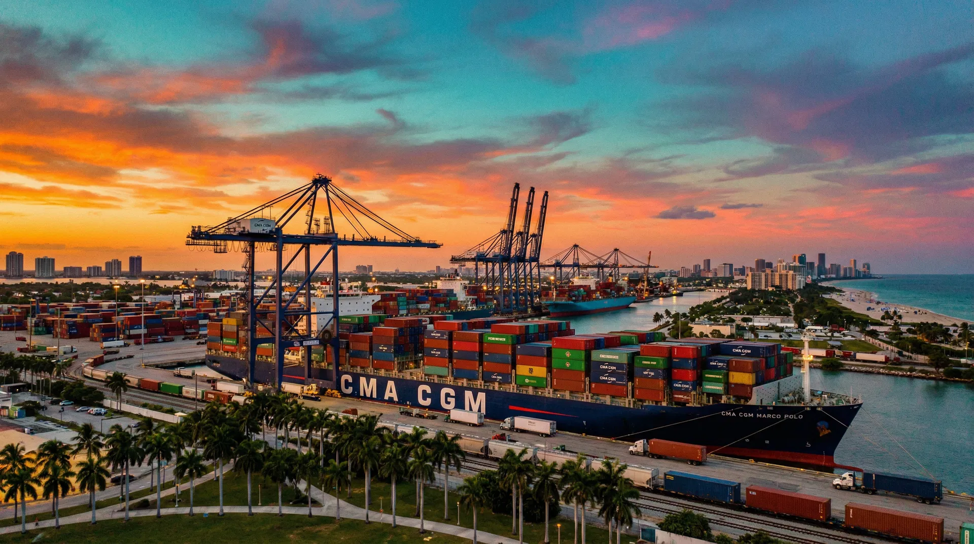 Florida shipping port at sunset