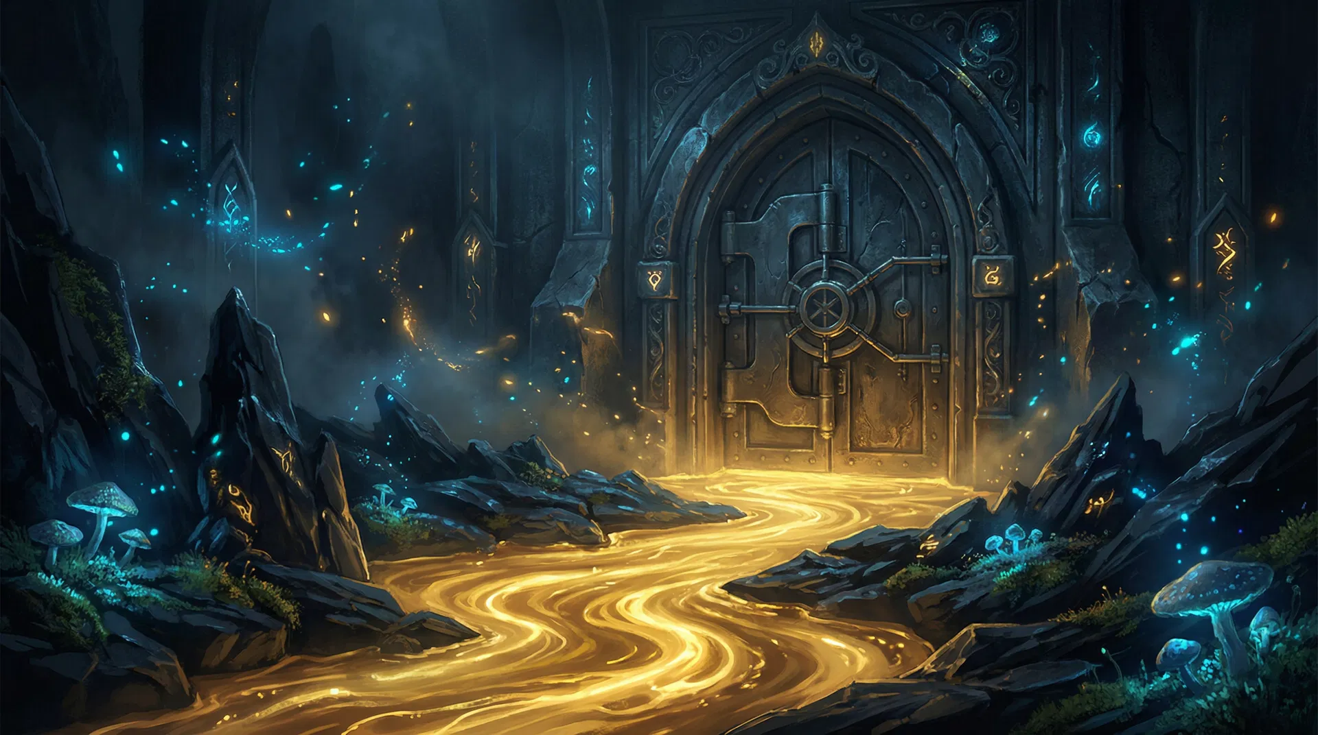 Rivière dorée coulant vers un coffre-fort