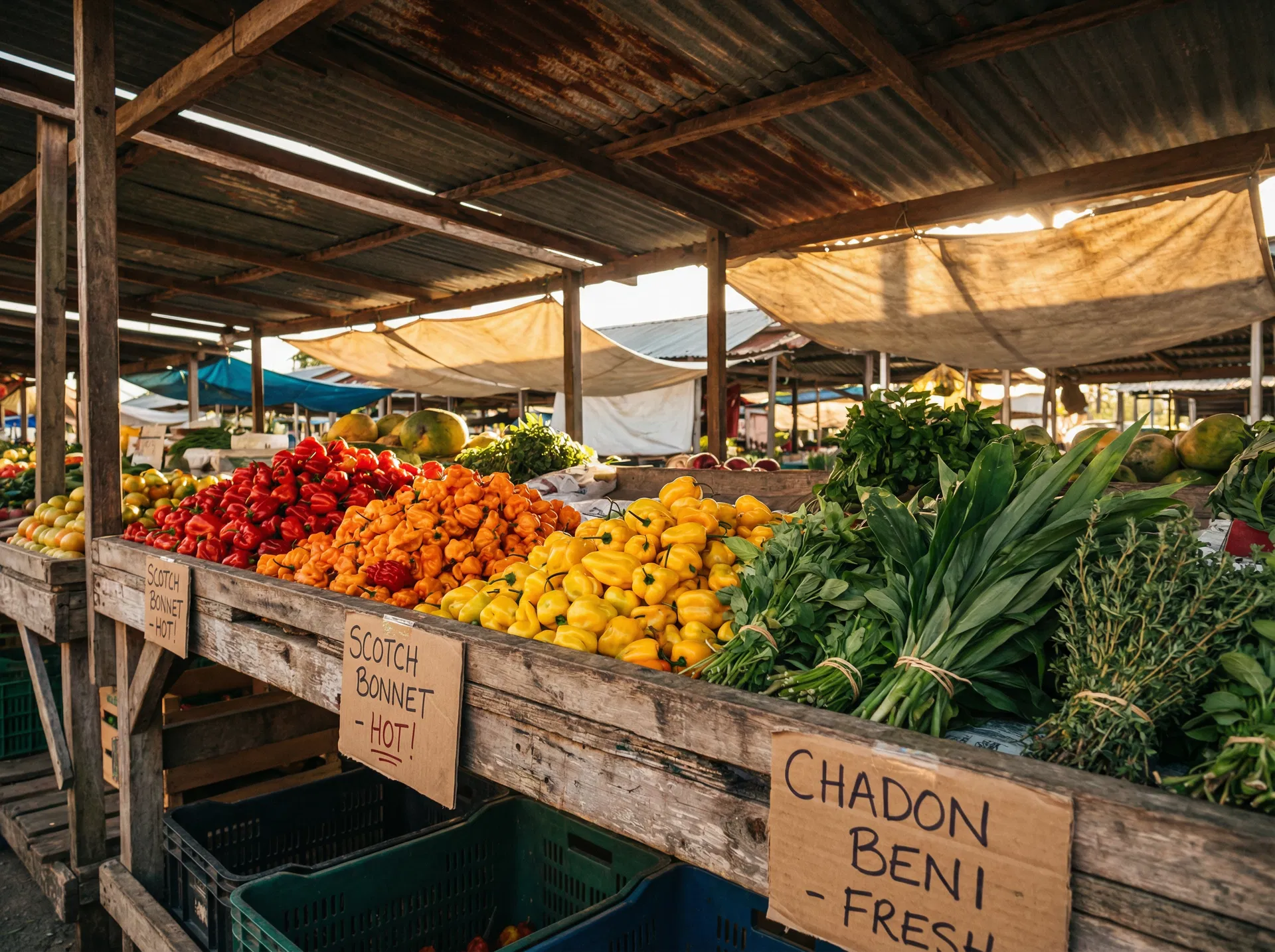 Caribbean market in Trinidad with fresh peppers and Chadon Beni