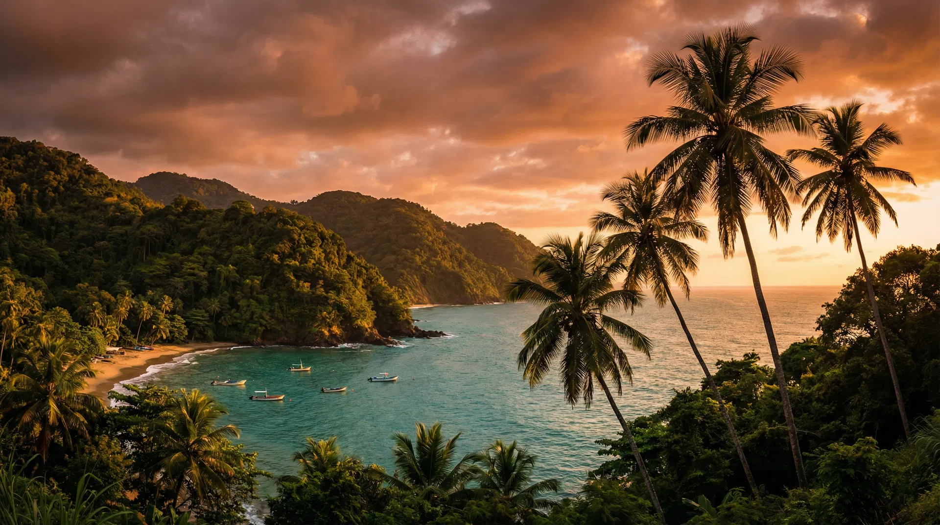 Tropical coastline of Trinidad at golden hour