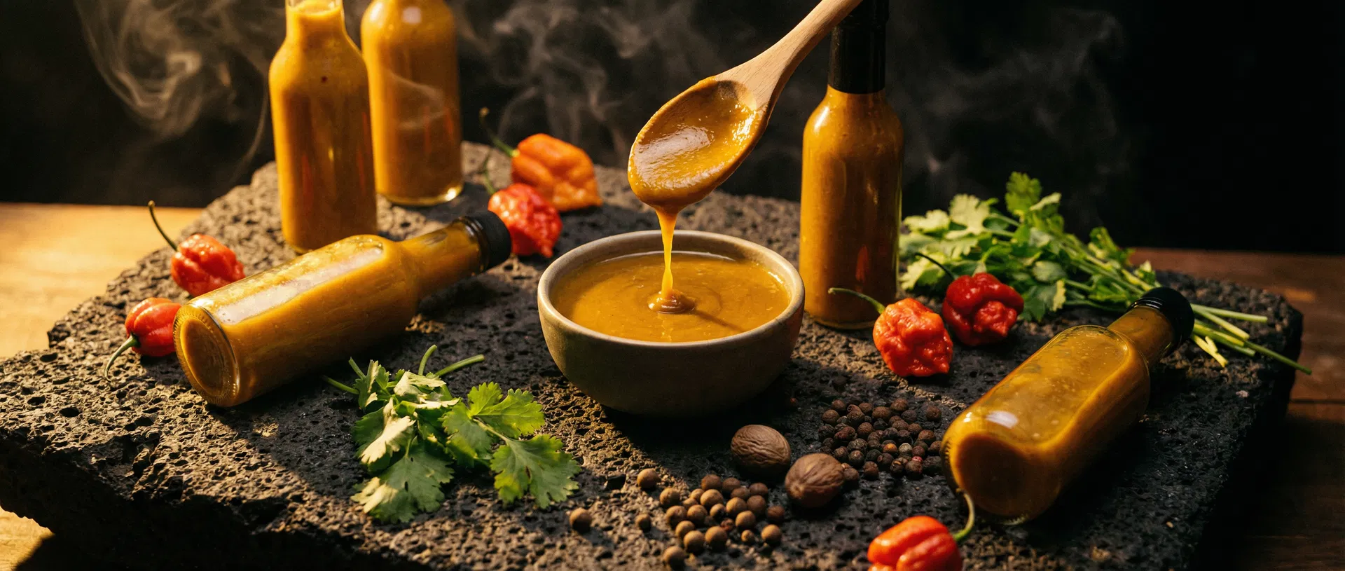 Premium Caribbean hot sauces with fresh peppers and herbs