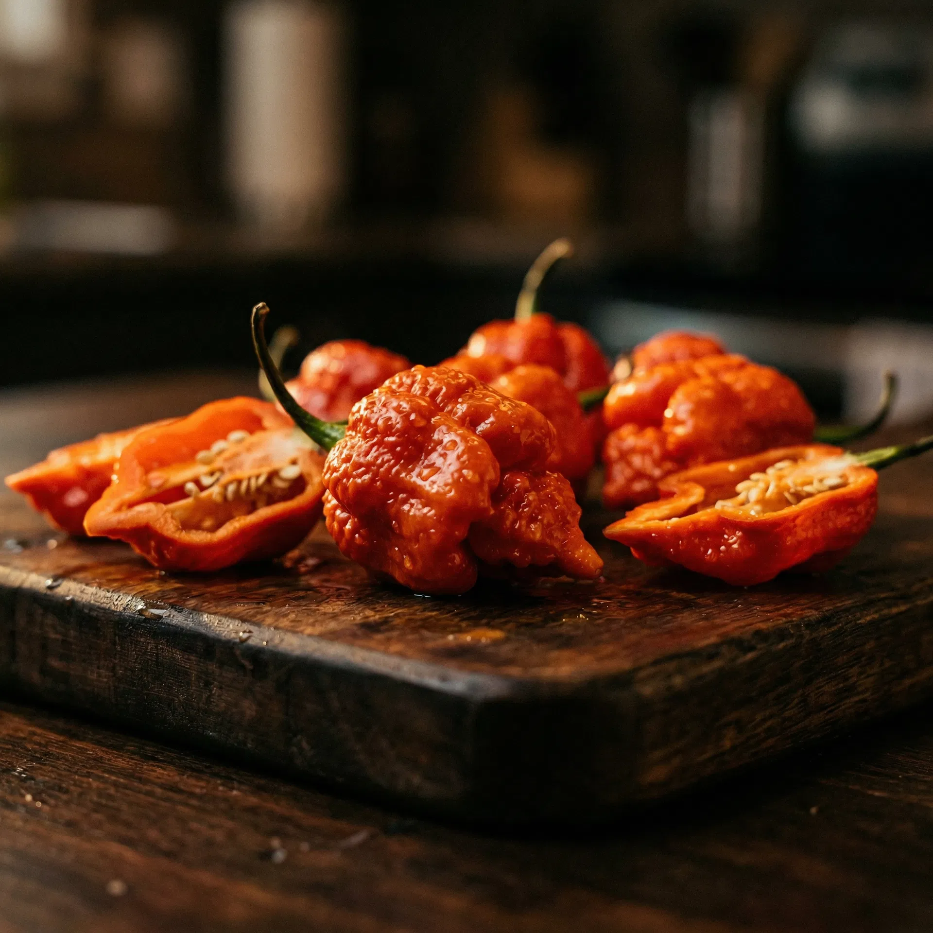 Fresh Moruga Scorpion peppers on rustic cutting board