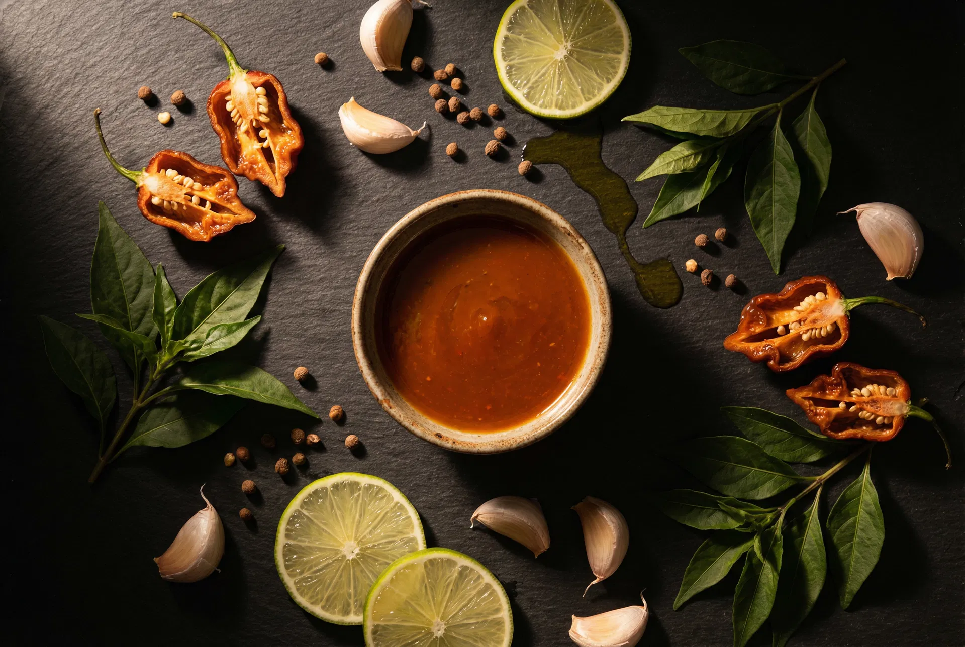 Artisanal hot sauce ingredients flat lay on dark slate