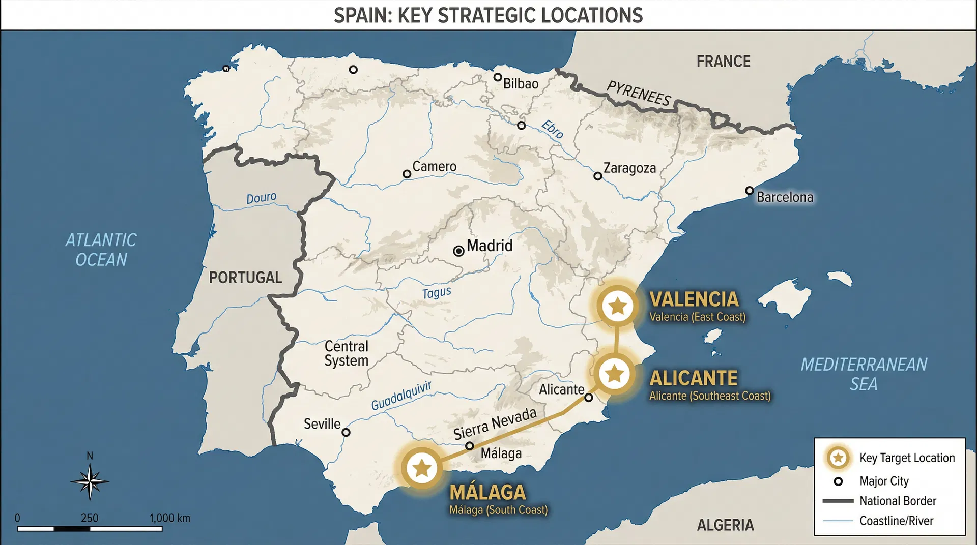 Spain Target Locations Map - Valencia, Alicante, Málaga
