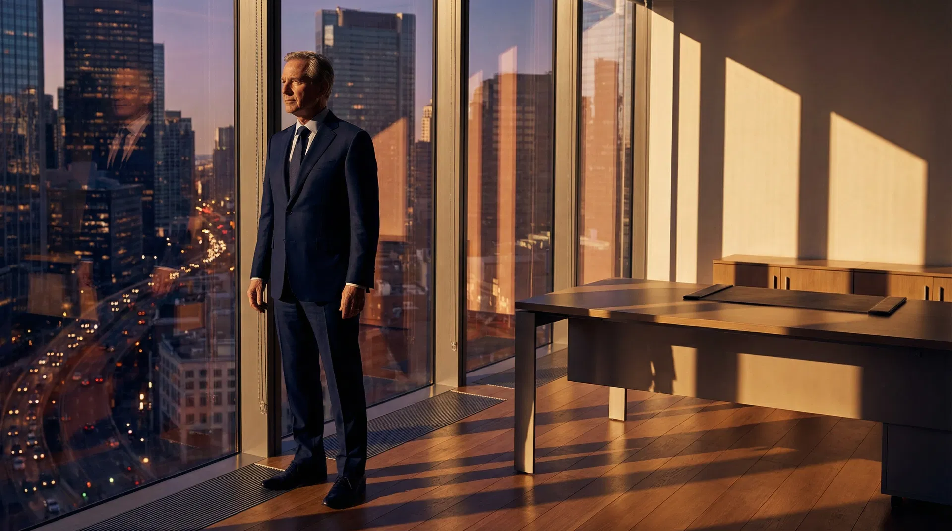 Senior banking executive at office window