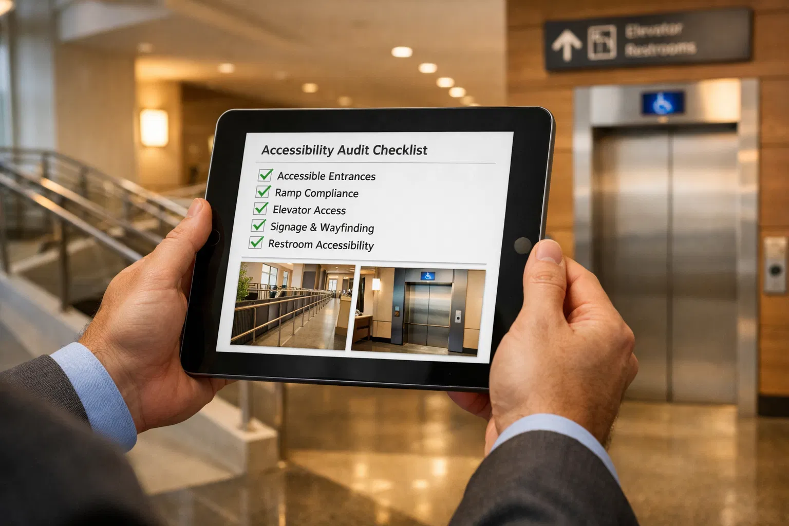 Auditor revisando checklist de accesibilidad en iPad