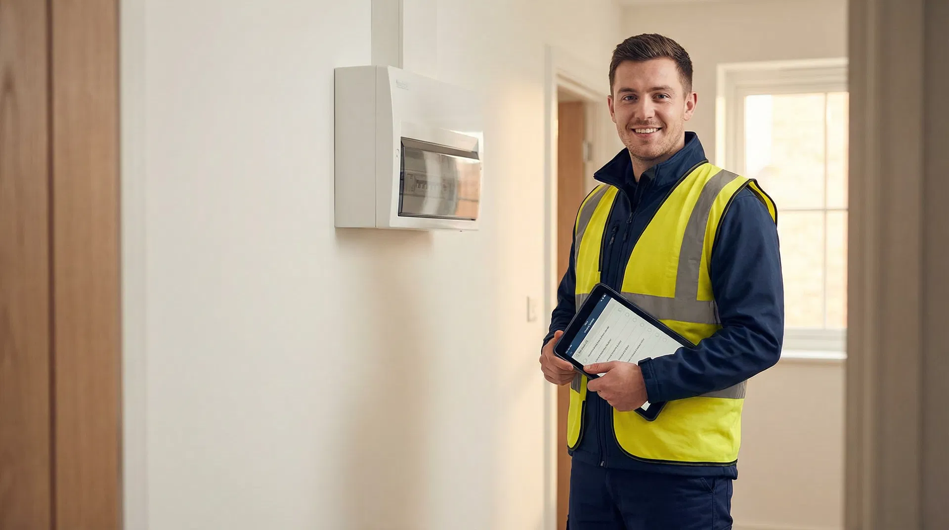 Professional UK electrician working at a modern consumer unit