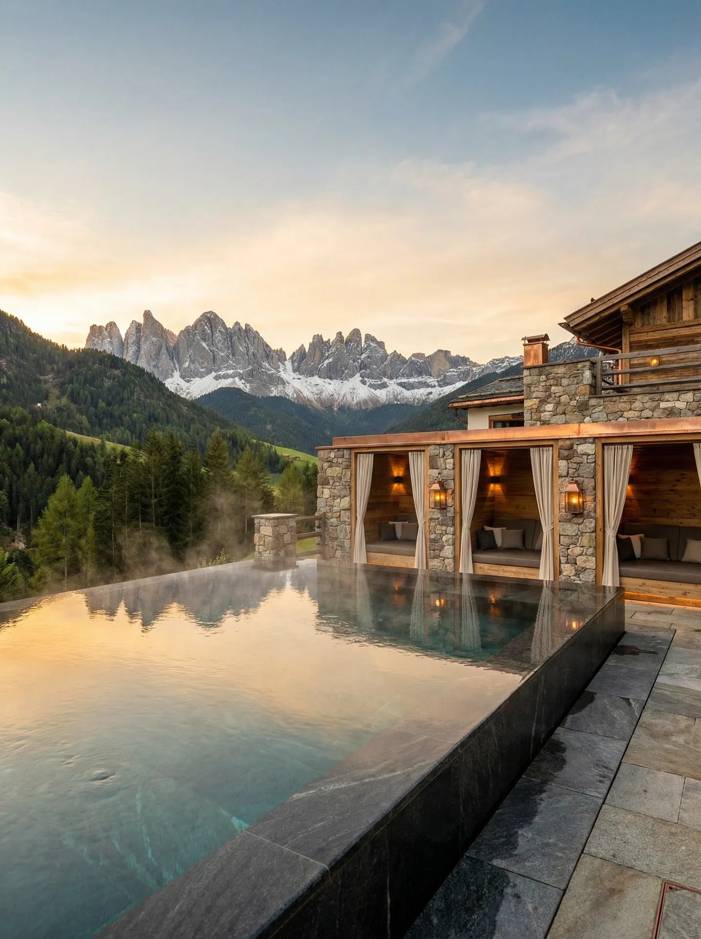 Infinity pool with private cabana booths overlooking the Dolomites