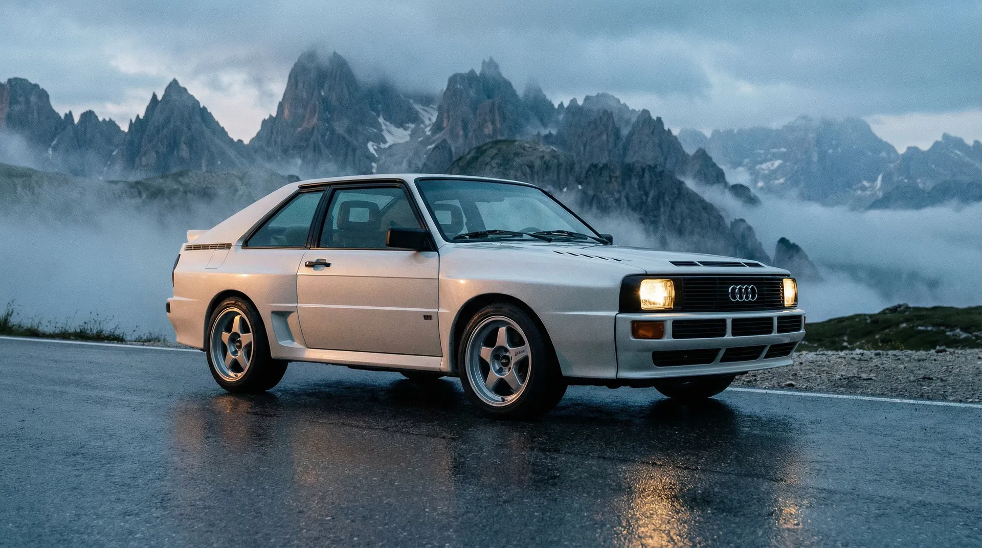 Di Ghisoni Audi Sport Quattro restomod on a Dolomites alpine pass