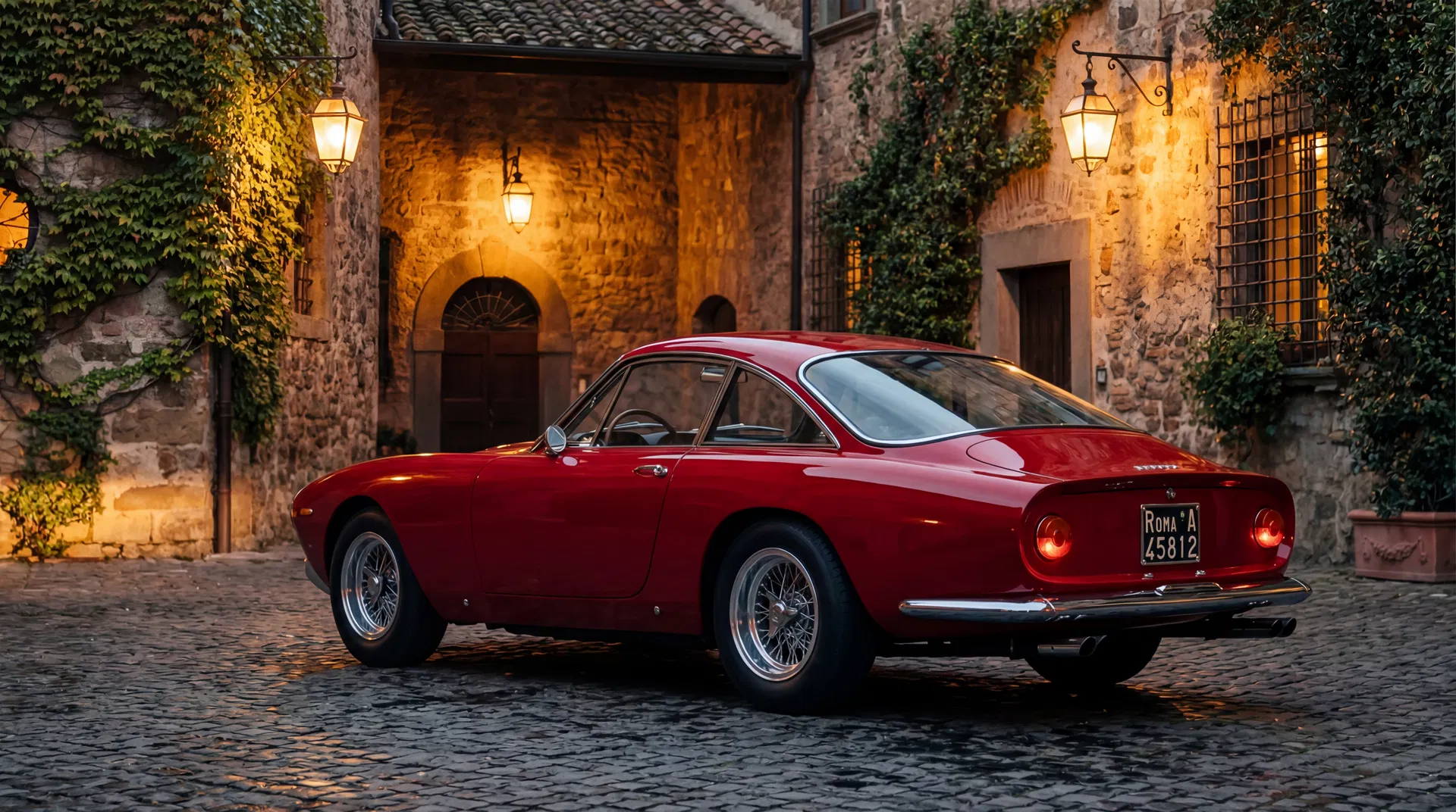 Di Ghisoni Ferrari 250 GT restomod in an Italian stone courtyard