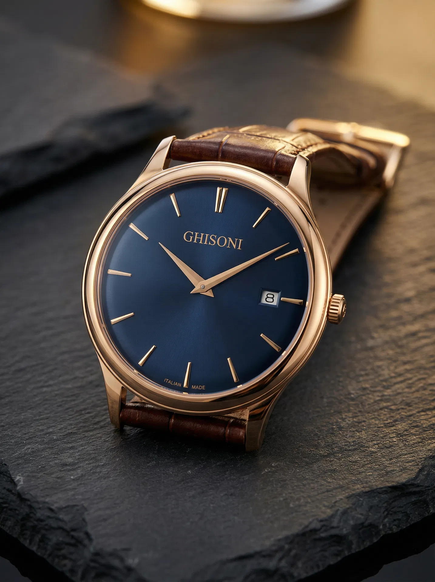 Ghisoni Classico dress watch in rose gold with midnight blue dial