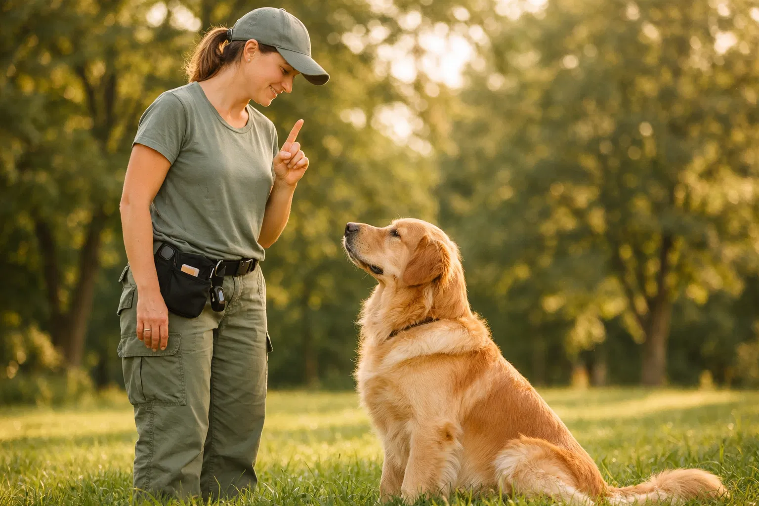 Professional dog trainer with golden retriever