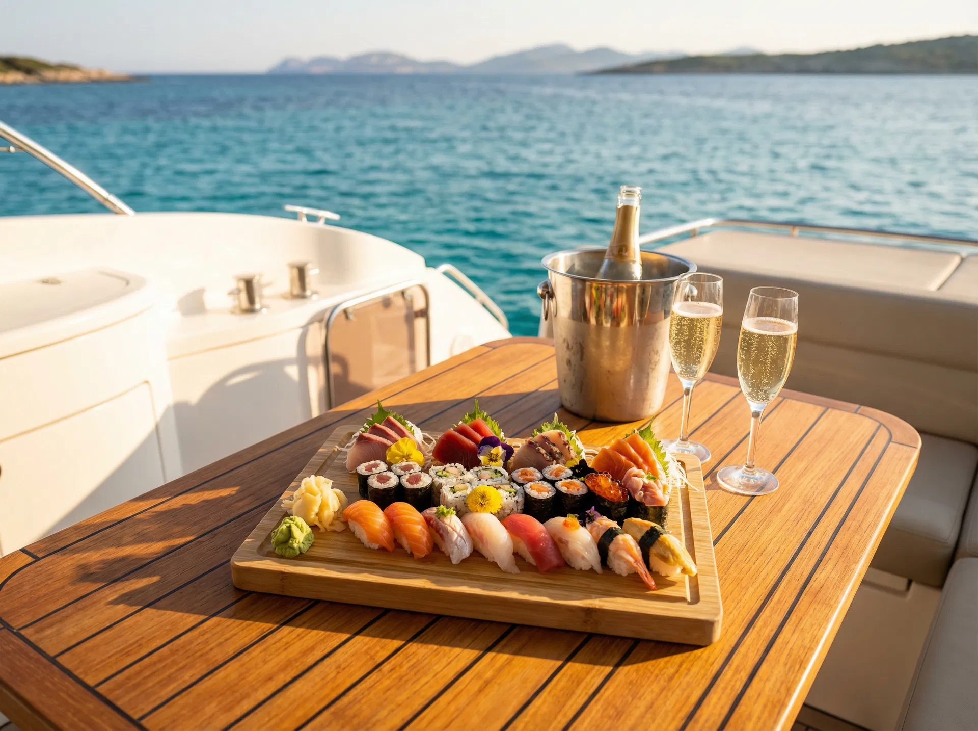 Sushi platter with champagne on yacht