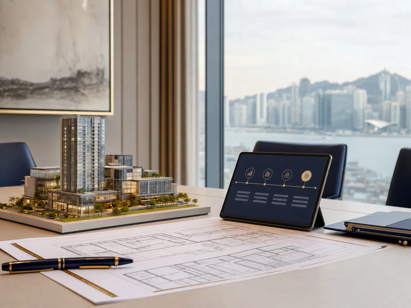 Real estate project coordination table with plans, model, and Hong Kong skyline