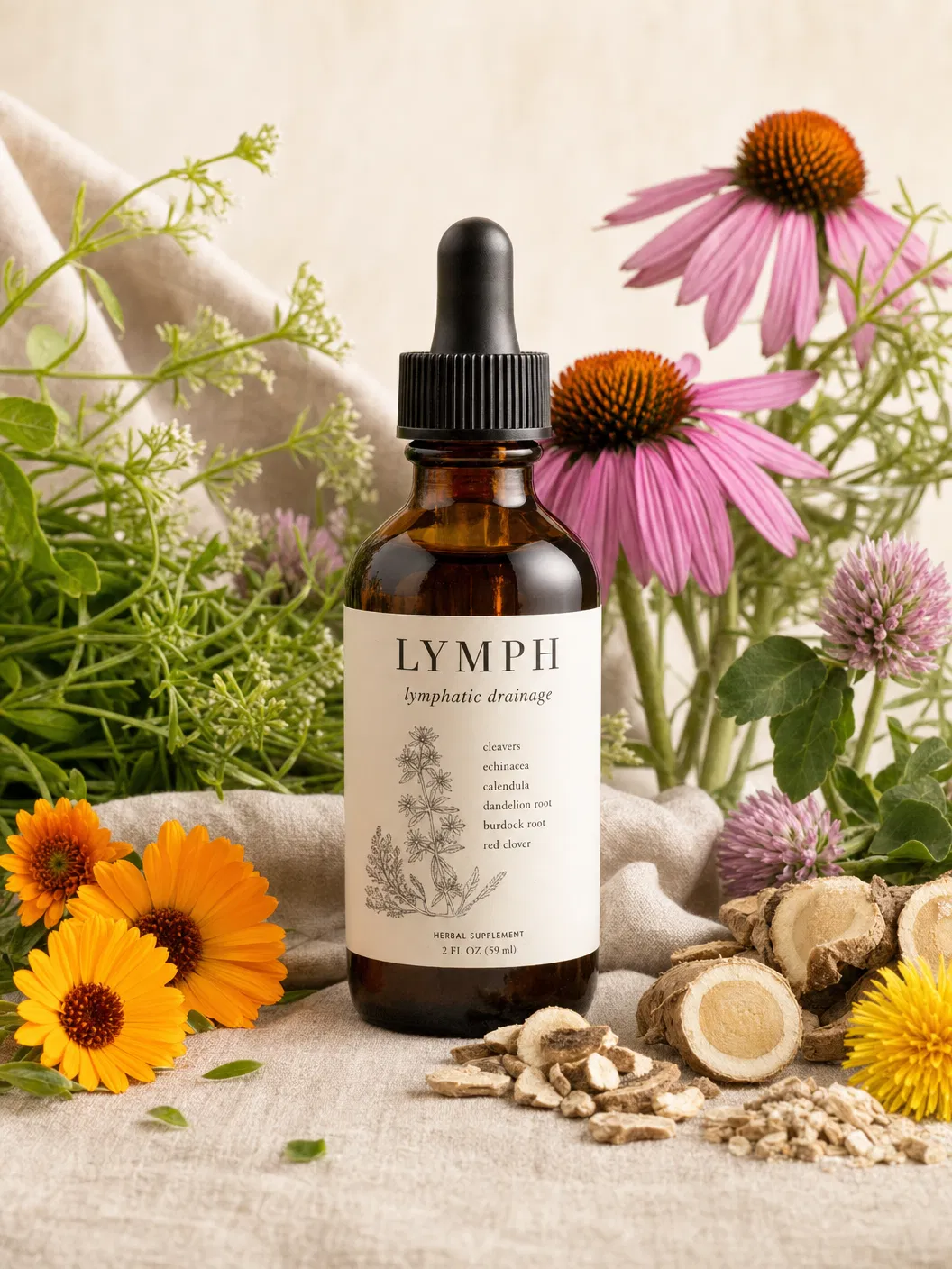 Lymph Health Lymphatic Drainage Drops bottle surrounded by botanicals