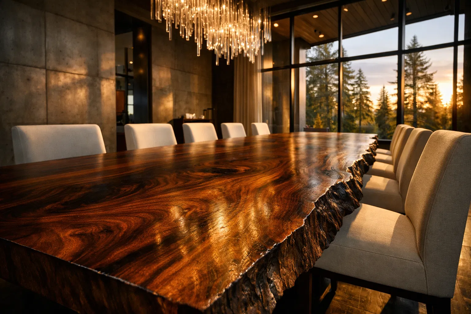 Luxury walnut slab dining table in a modern mansion