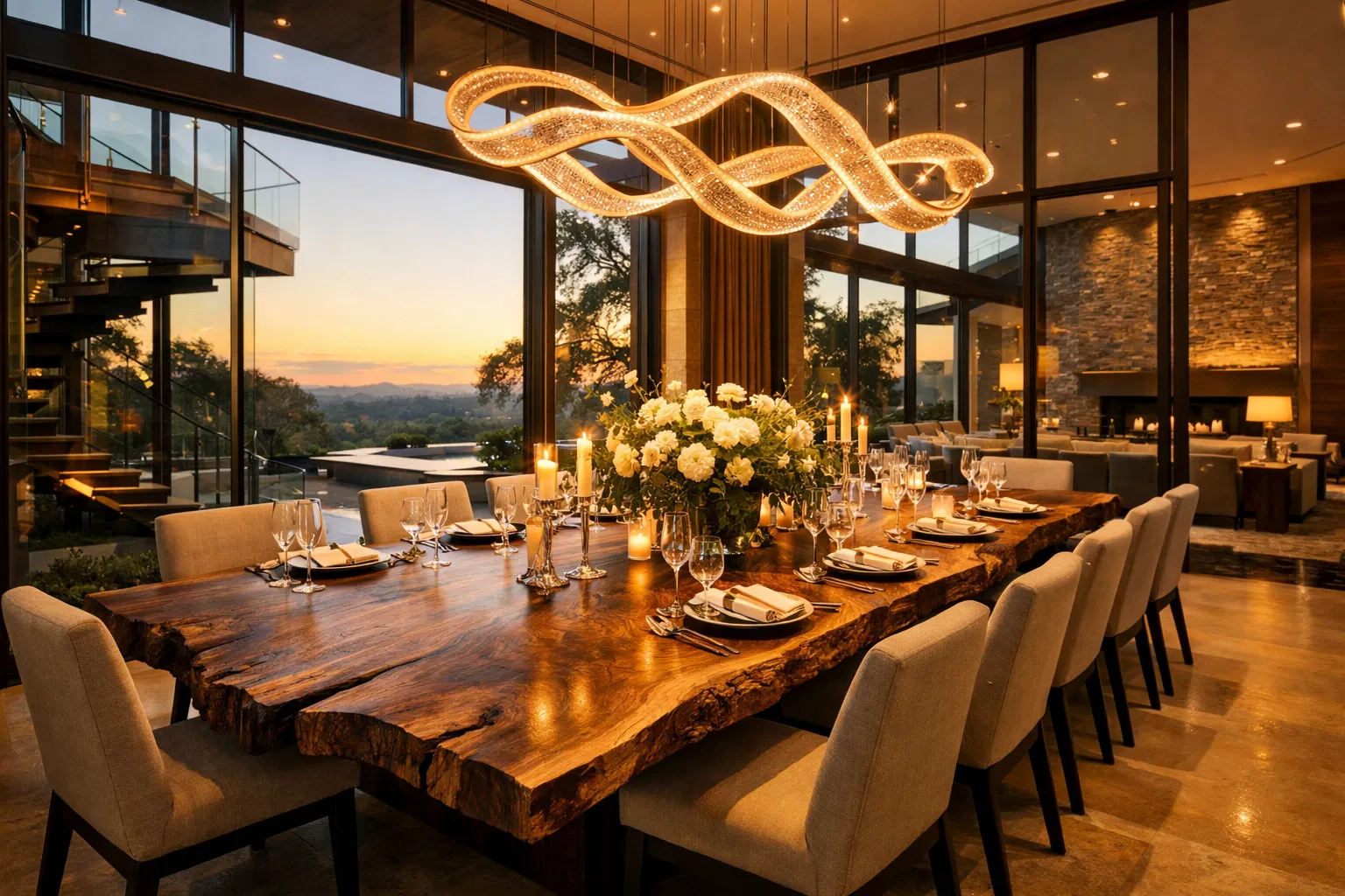 The Estate — Book-matched walnut dining table for 14, hand-rubbed Danish oil finish