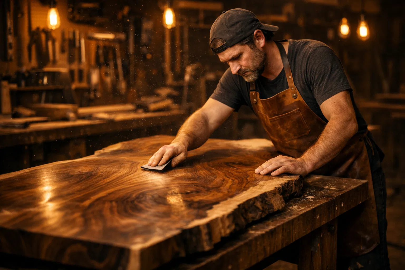 Master craftsman hand-finishing a walnut slab in the workshop