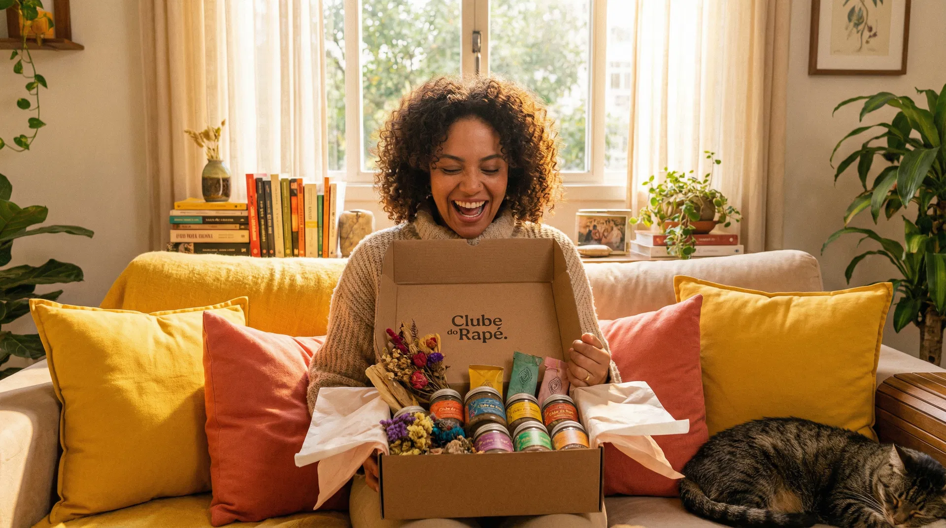 Pessoa feliz abrindo uma caixa do Clube do Rapé