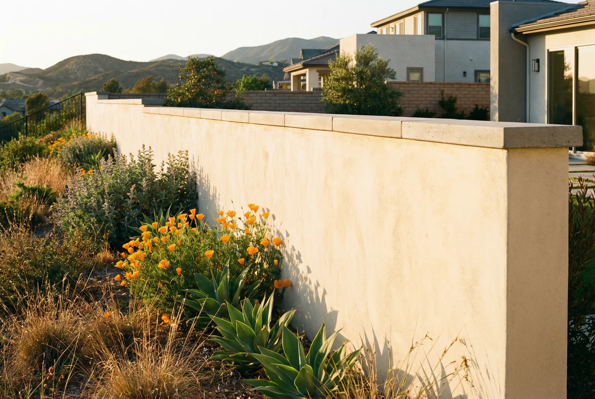 Concrete block wall with stucco finish