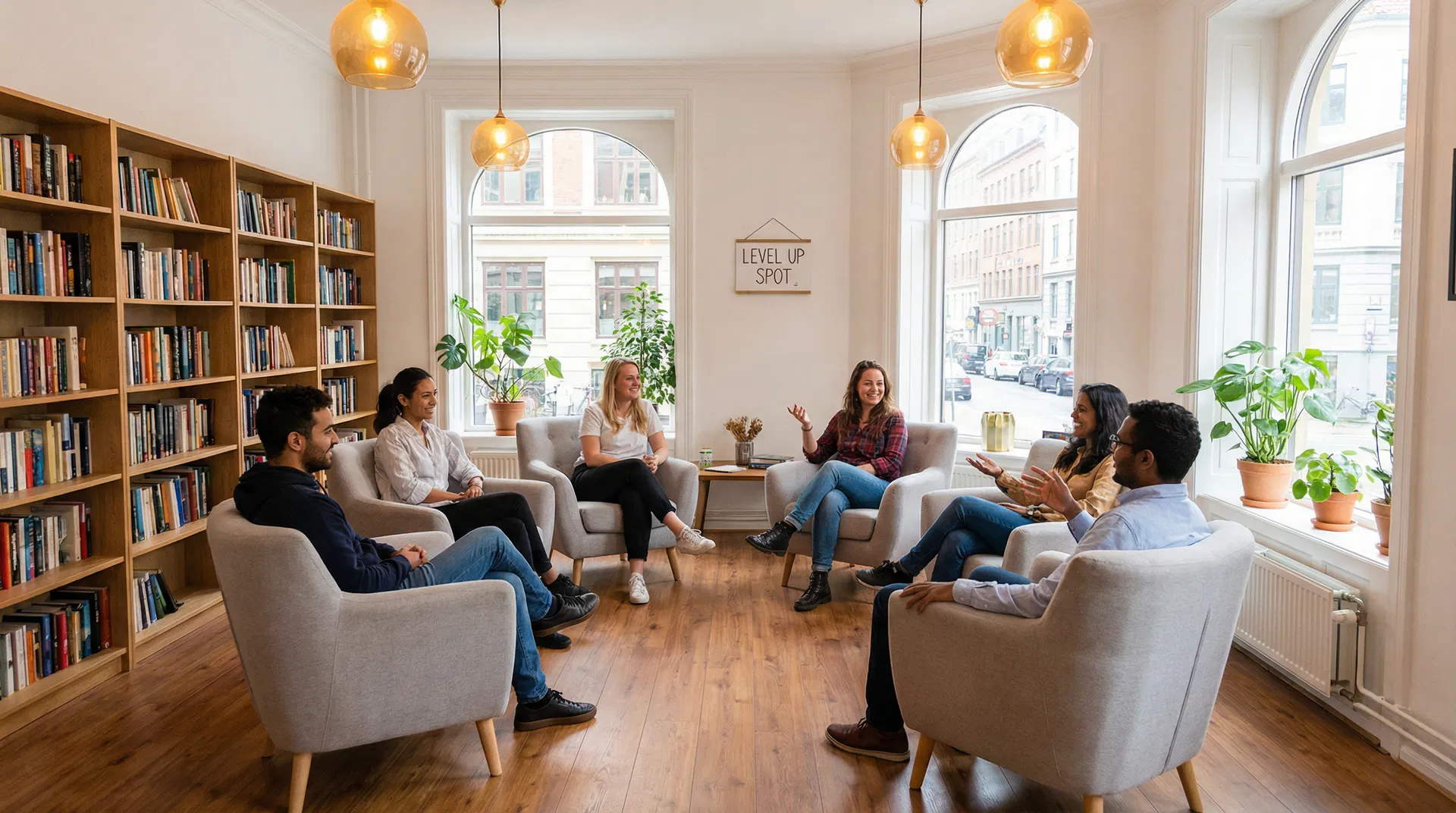 People inside Level Up Spot — a welcoming peer community support circle in New York City