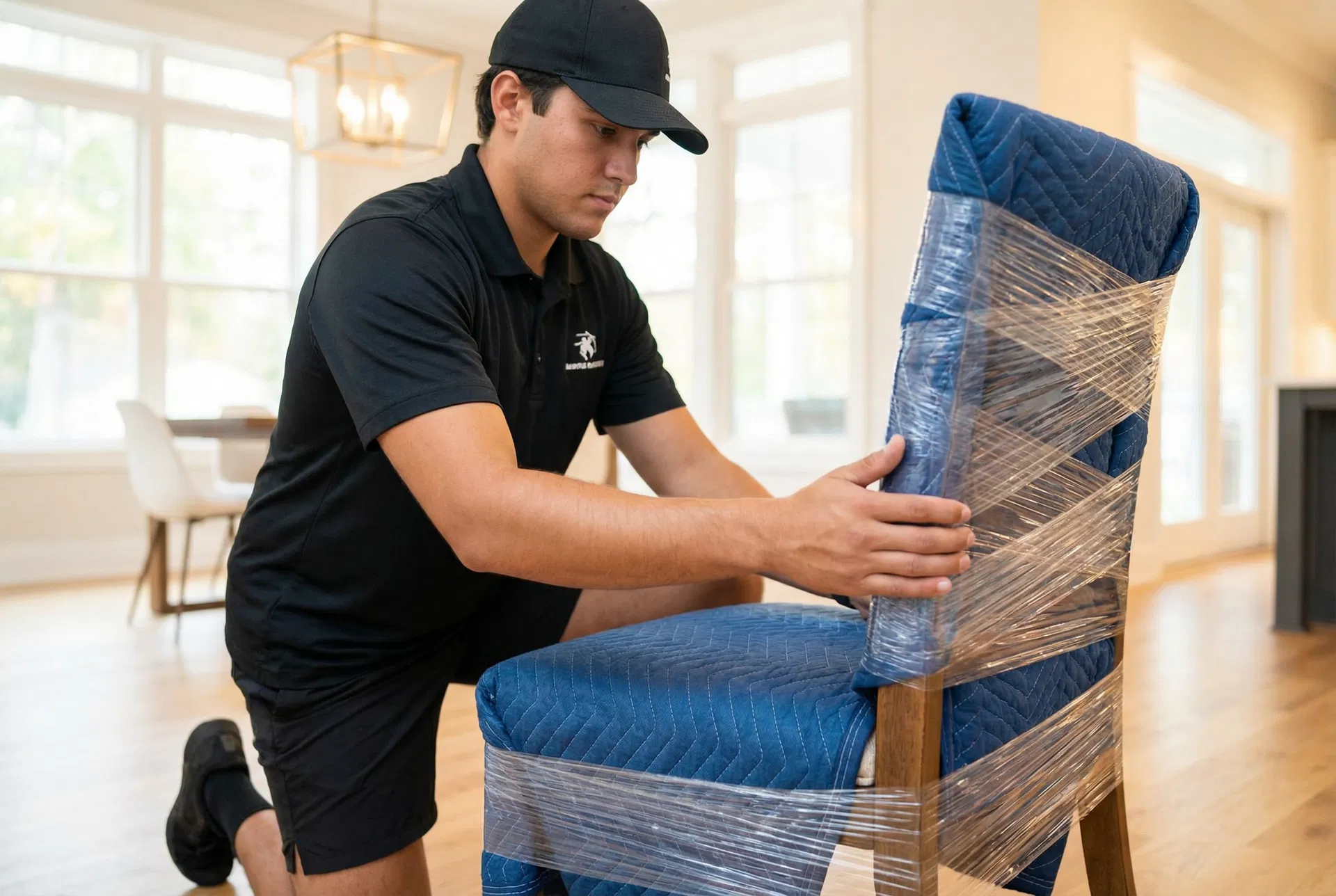 Breezy mover carefully wrapping furniture
