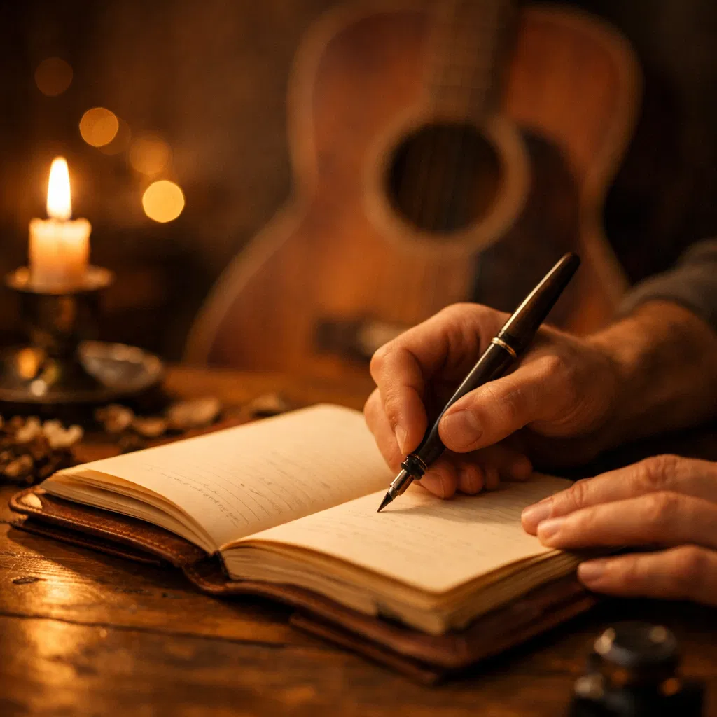 Hands writing poetry with guitar in background