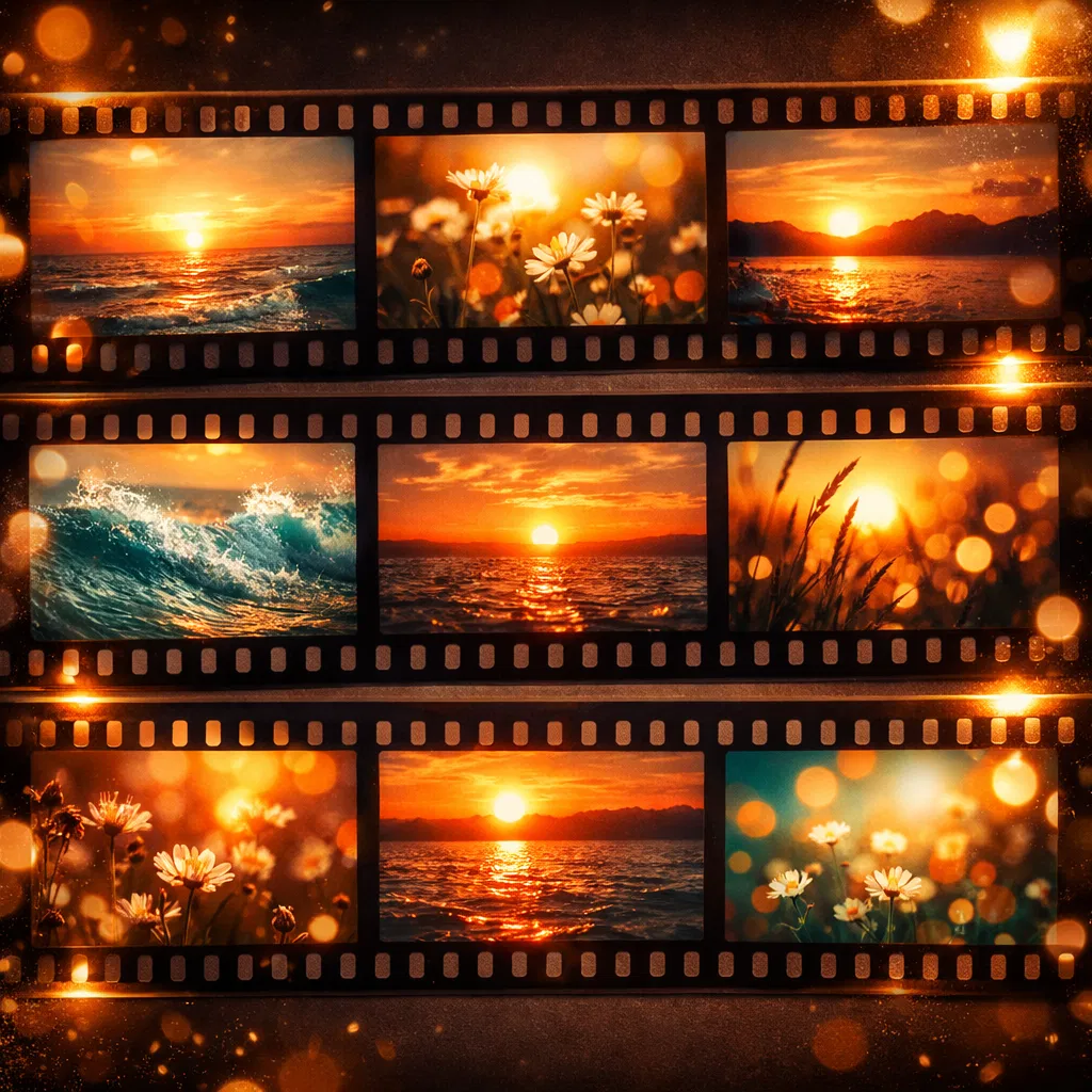Cinematic film strip with warm scenes
