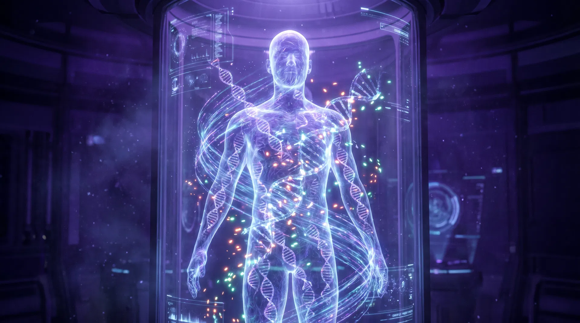 Cuerpo humano transparente con ADN siendo reescrito en tiempo real