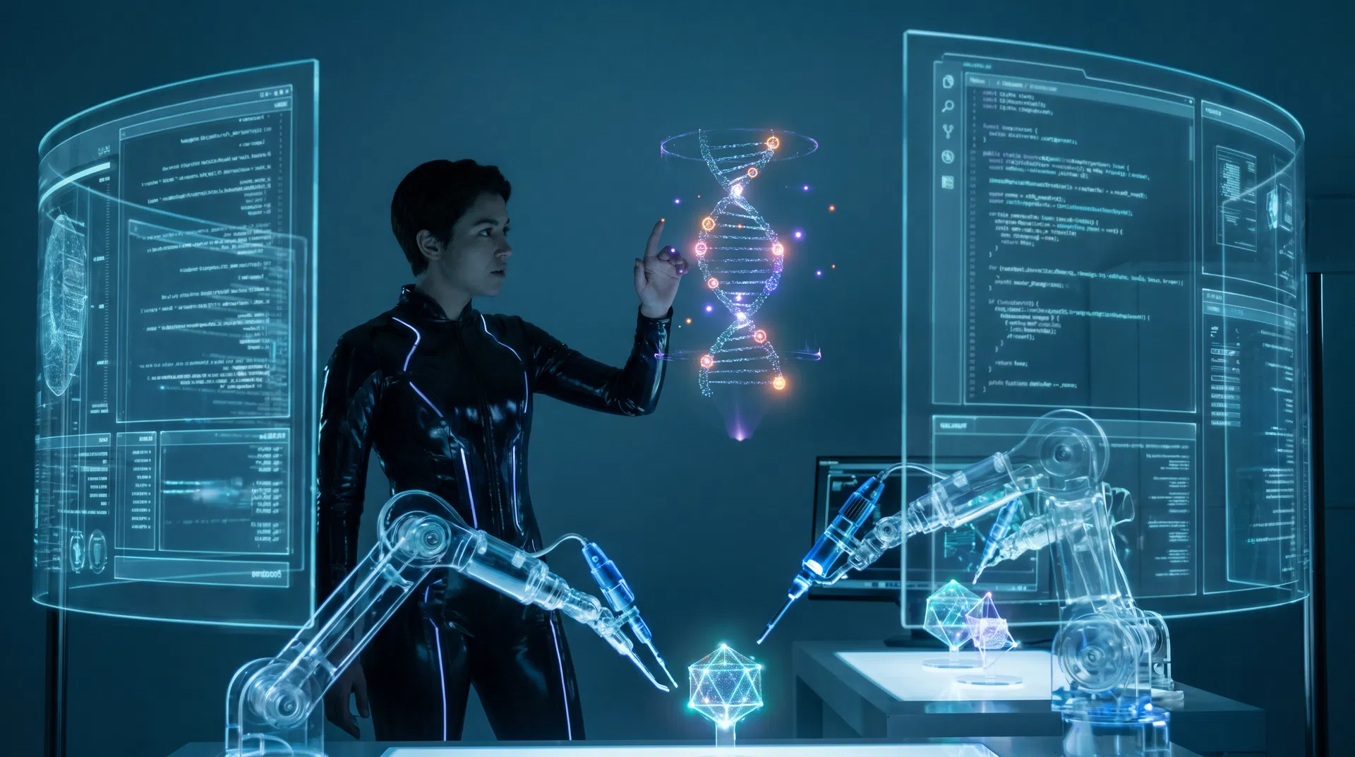 Científica en laboratorio futurista editando el genoma humano con CRISPR