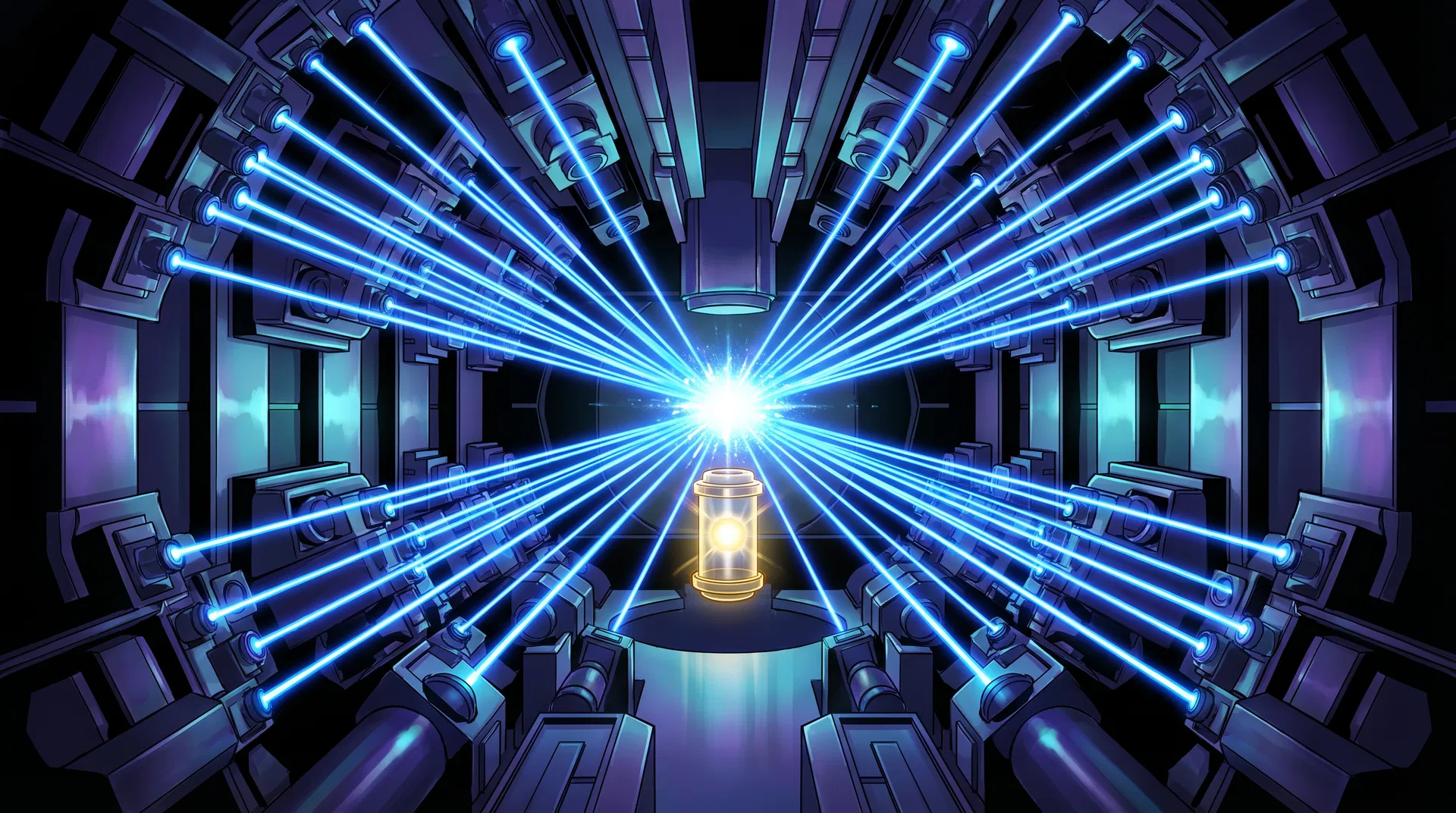 Los 192 láseres del NIF convergiendo sobre el objetivo de fusión