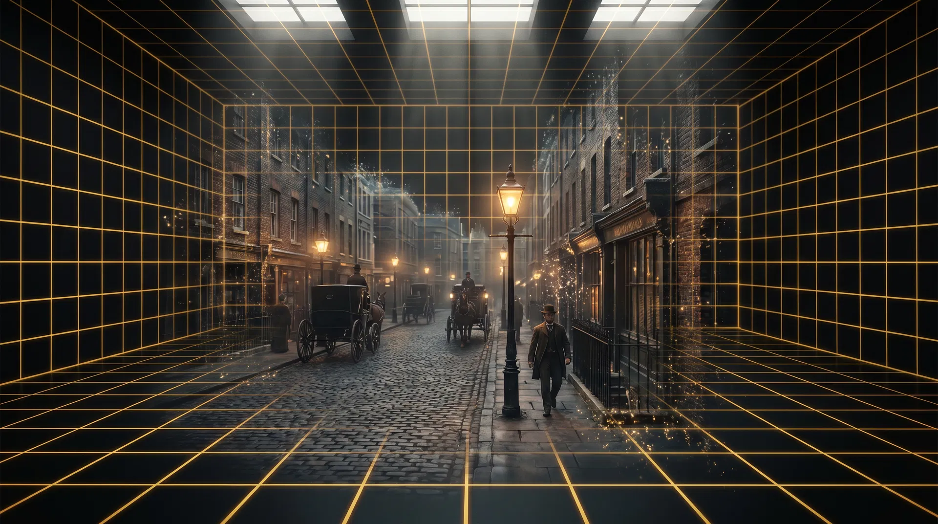 Interior del HoloDeck con simulación de Londres victoriano
