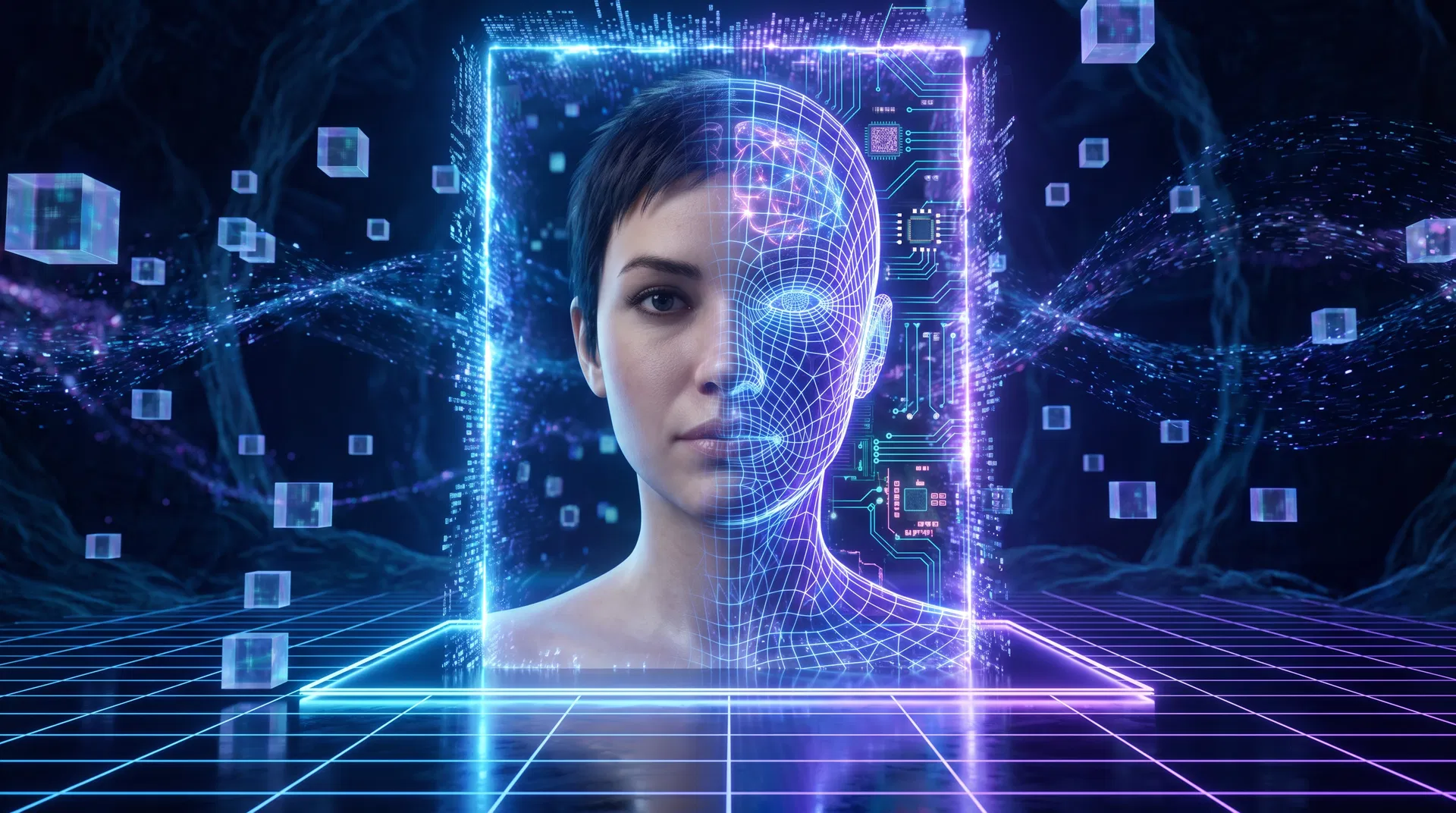 Avatar digital emergiendo de un portal de datos, mitad biológico mitad circuito