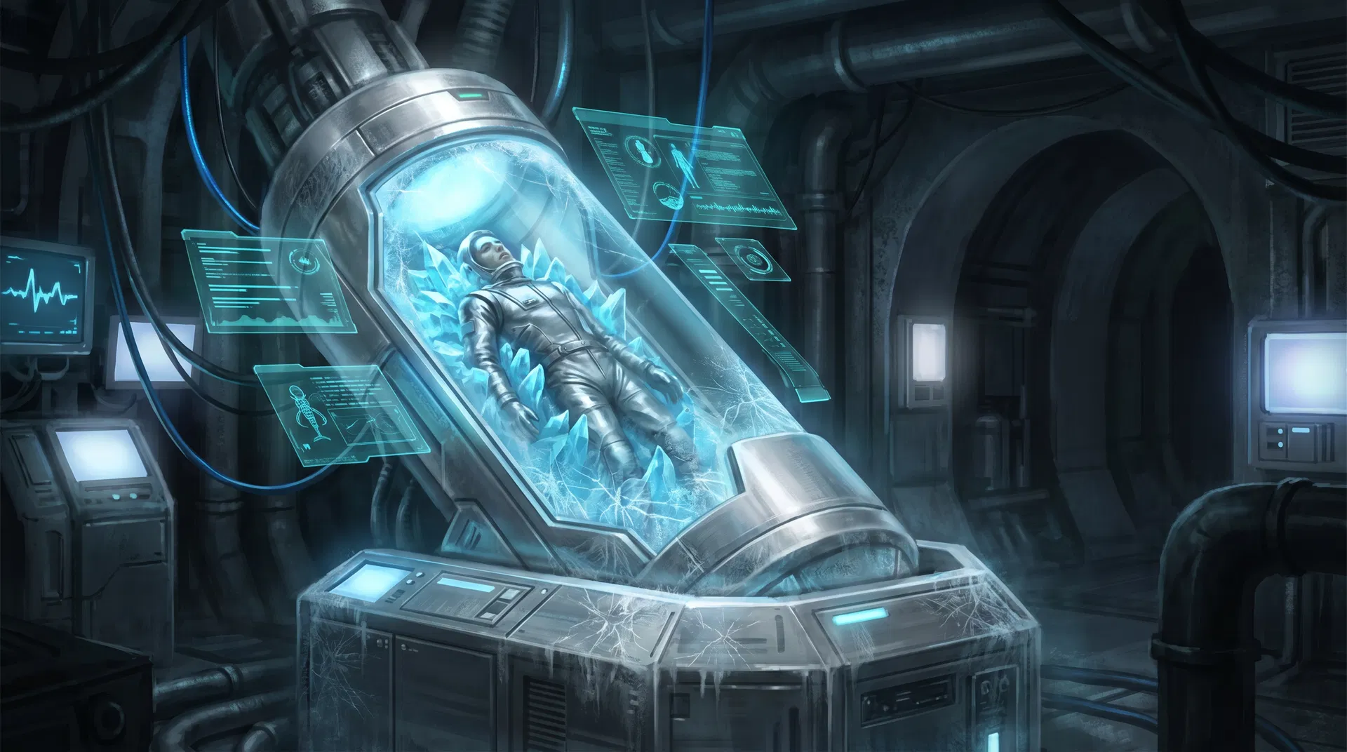 Cámara criogénica de preservación futurista con monitoreo holográfico