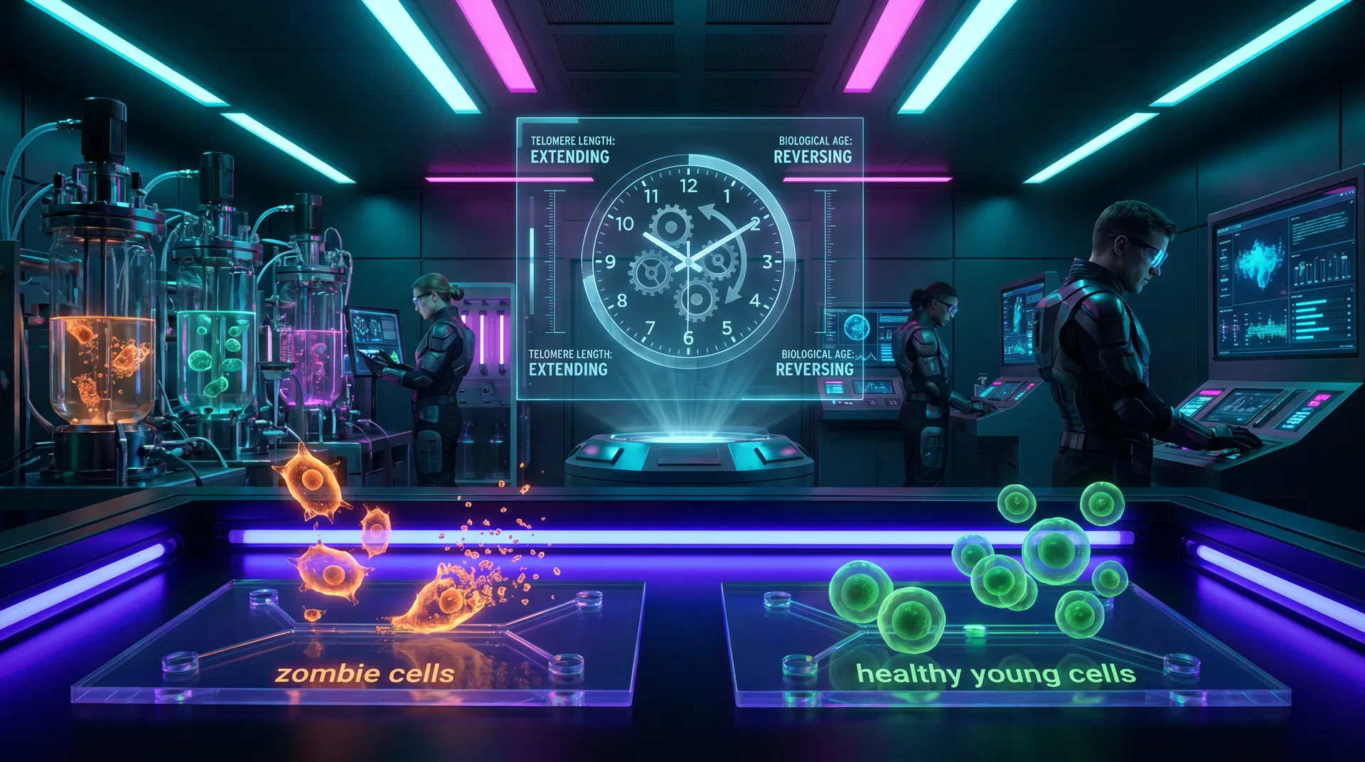 Laboratorio de longevidad con senolíticos destruyendo células zombi y reloj biológico reverso