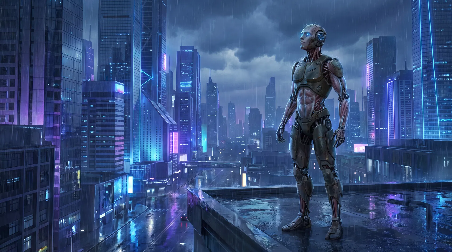 Robot humanoide con músculos sintéticos contemplando el horizonte de una ciudad futurista bajo la lluvia