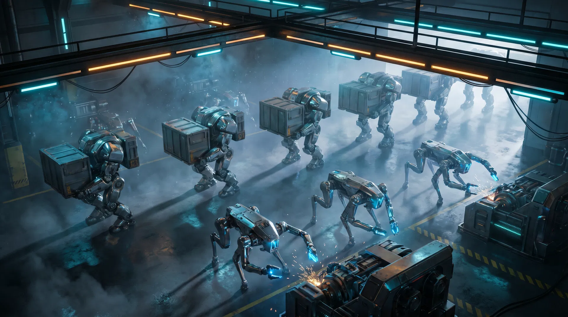 Robots industriales y humanoides en instalación futurista