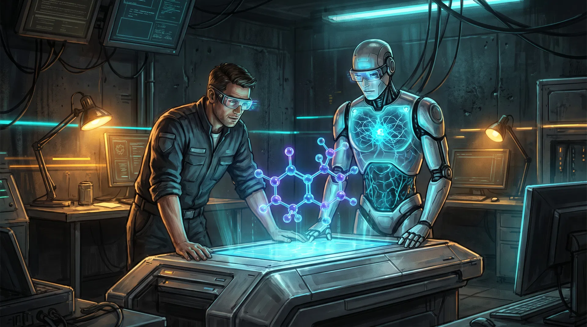 Humano y robot colaborando en laboratorio futurista