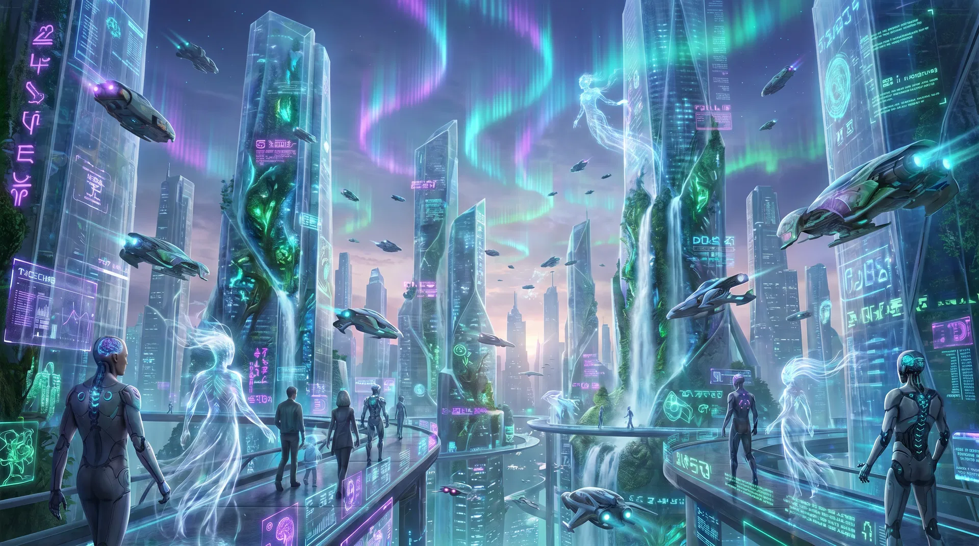 Ciudad post-Singularidad del año 2045 donde humanos y IA coexisten