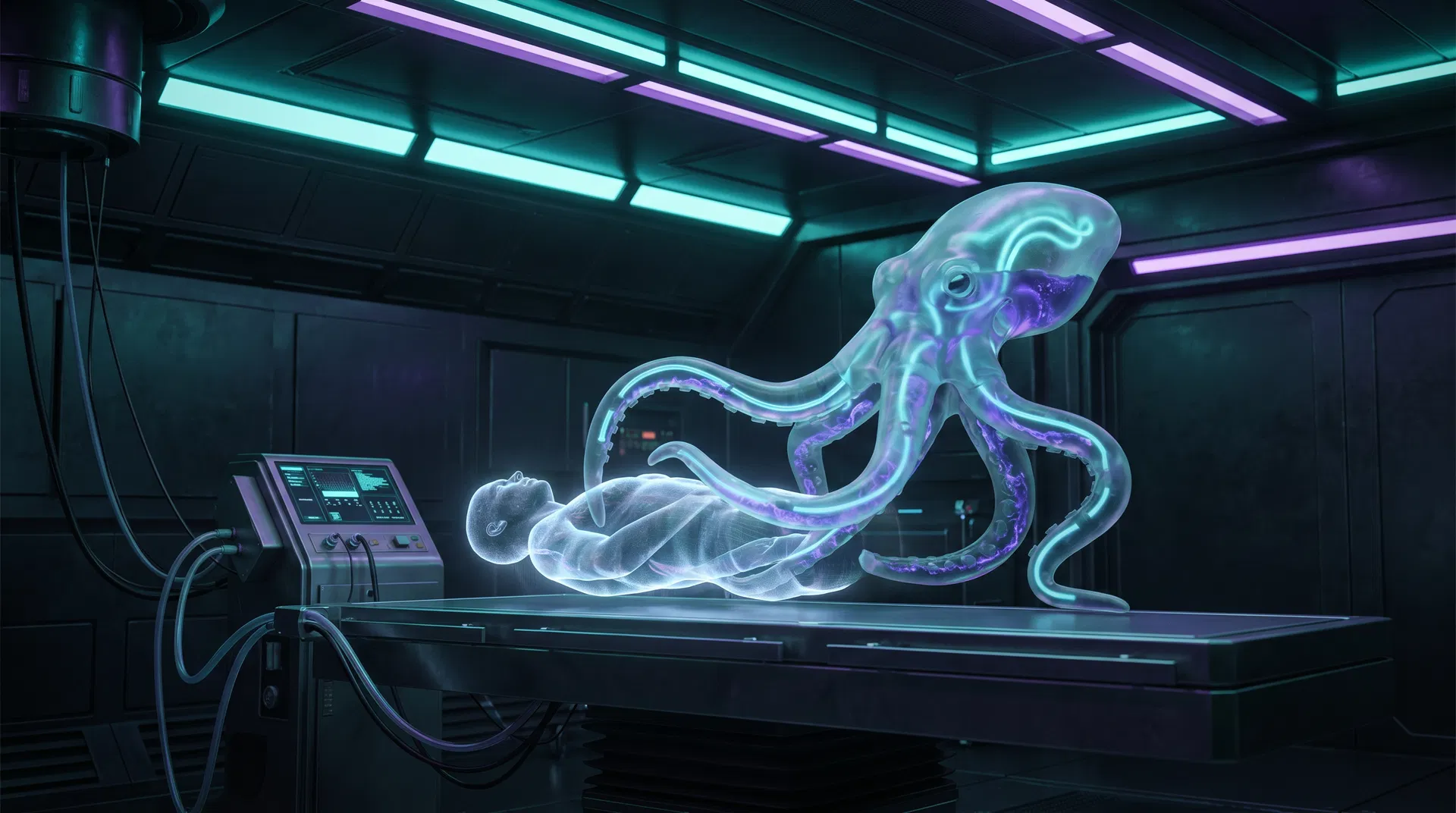 Robot blando inspirado en el pulpo realizando cirugía delicada con tentáculos de silicona translúcida