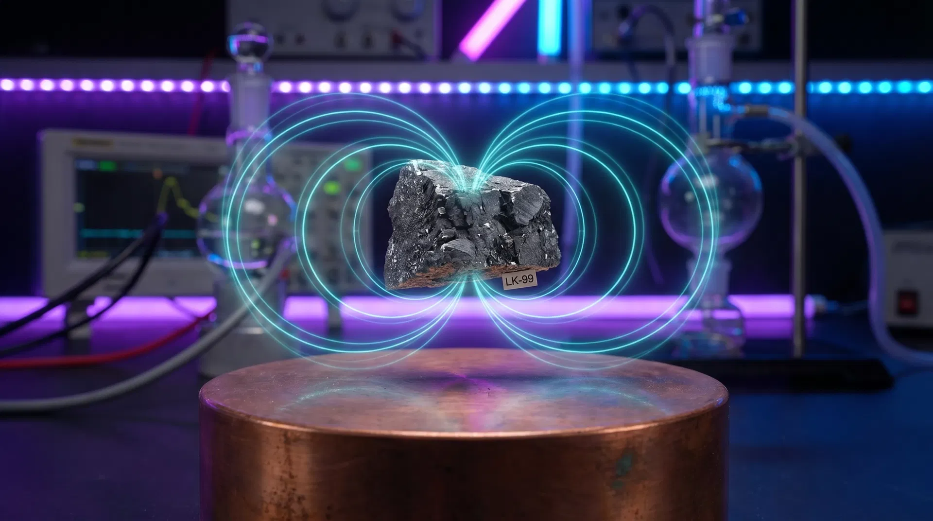 Material LK-99 levitando sobre superficie de cobre en laboratorio