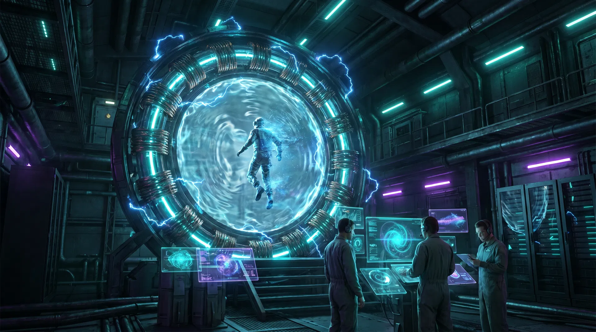 Estación de teletransportación futurista con portal electromagnético y científicos monitoreando el proceso