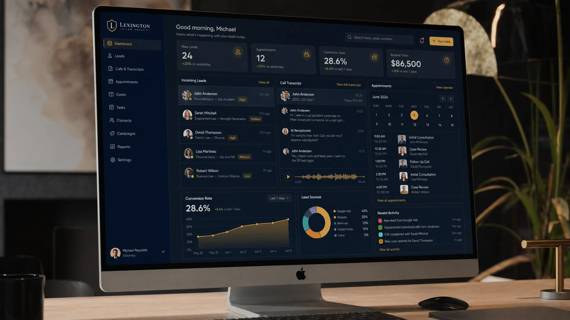 CaseLink AI lead management dashboard showing incoming client leads, call transcripts, and appointment bookings