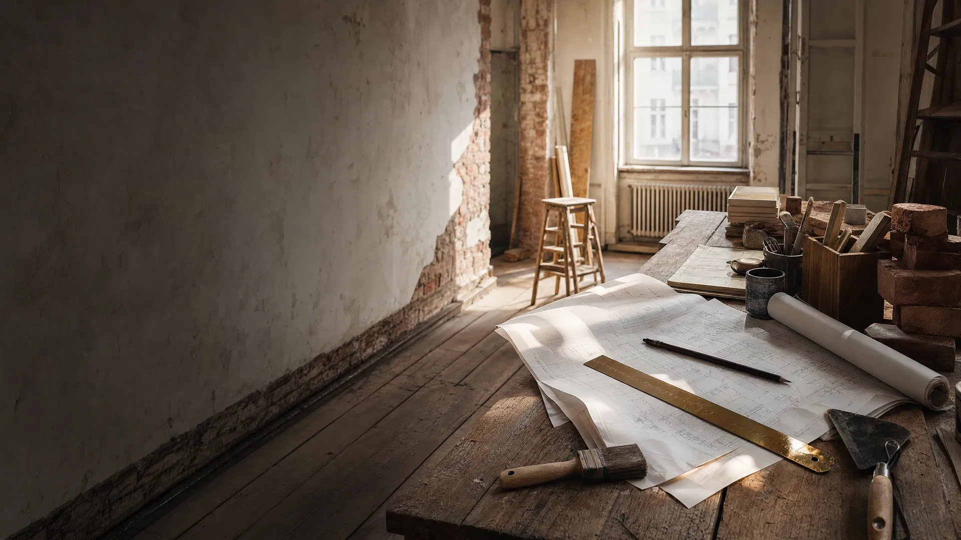 Altbau-Raum mit Werkzeug, freigelegter Wand und Sanierungsplänen